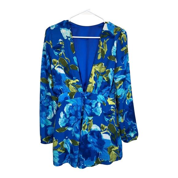 Lulus Sweetest Song Blue Floral Print Backless Long Sleeve Romper Small Shorts - Picture 4 of 6